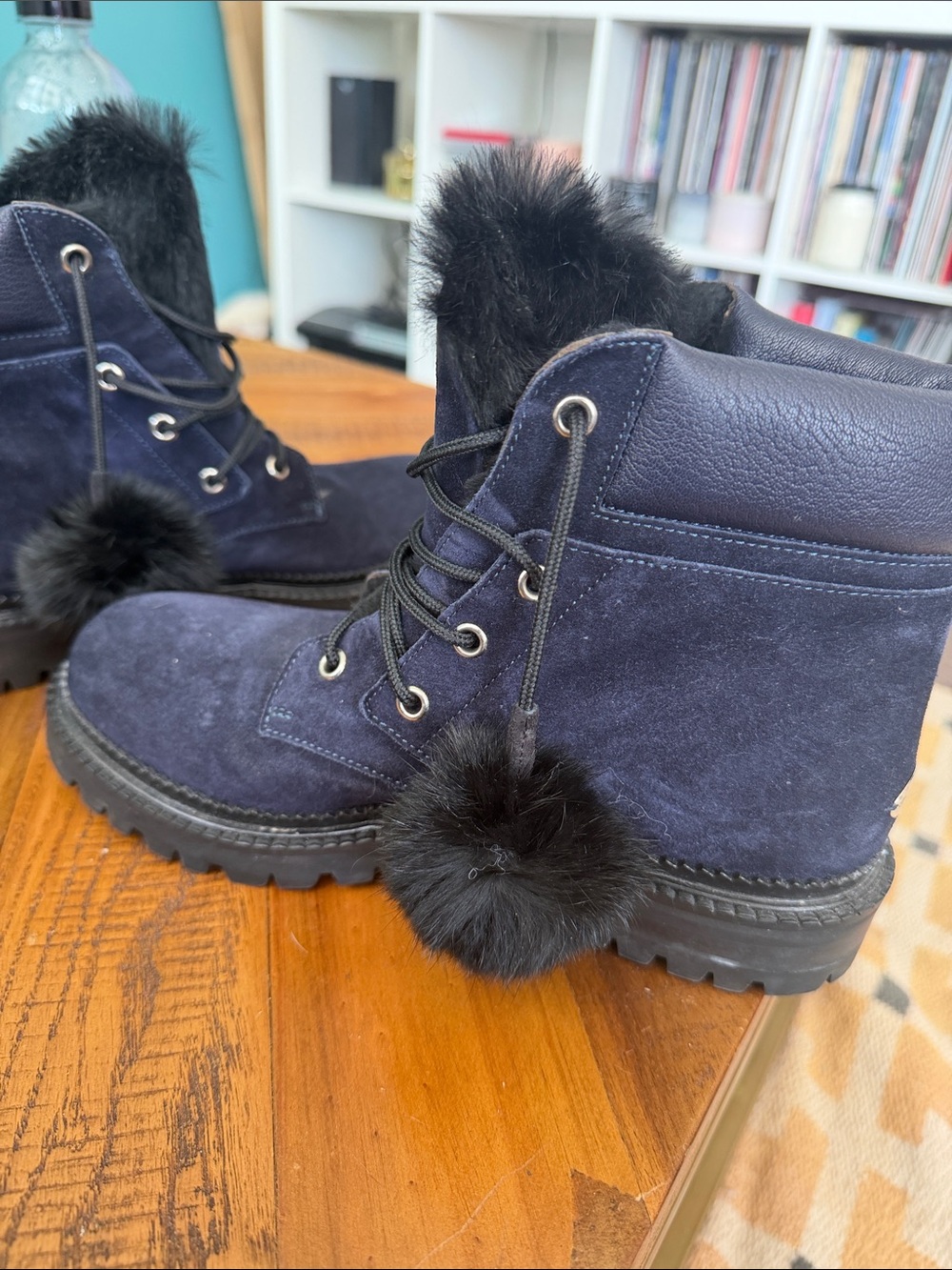 Jimmy Choo Women’s Navy Suede Lace-Up Winter Boots with Fur Lining and Pom Poms - Picture 5 of 5